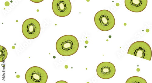 Vibrant seamless pattern of green kiwi fruit slices with black seeds and green dots is scattered across a clean and plain white background.