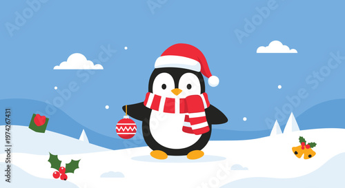 Adorable penguin wearing a red Santa hat and striped scarf holds a festive ornament while standing in a peaceful snowy landscape.