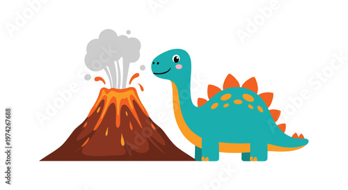 Friendly teal stegosaurus dinosaur with bright orange plates stands next to an active volcano erupting with grey smoke and hot lava.