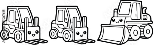Clean vector illustration of three cartoon construction machines with forklift and bulldozer faces in playful horizontal arrangement