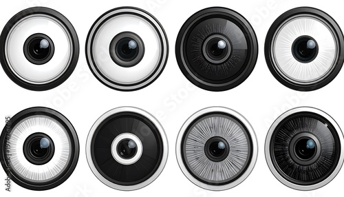 Eight circular illustrations of camera lenses, showcasing varied designs and inner details in monochrome. Focus on digital imaging concepts