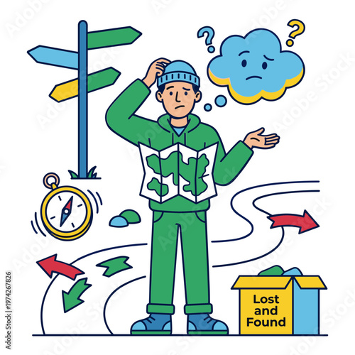 A confused person in green tracksuit stands beside a signpost and lost and found box.