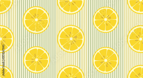 Refreshing pattern showcases bright yellow lemon slices arranged in a grid over a background of thin green and white vertical stripes.