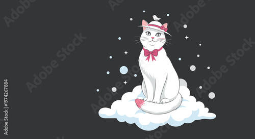 Fashionable white cat wearing a stylish hat and a pink bow sits on a white cloud against a dark background with stars and snow.