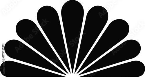 Clean vector emblem of abstract peacock feather inspired radial design with eight symmetrical teardrop shaped elements