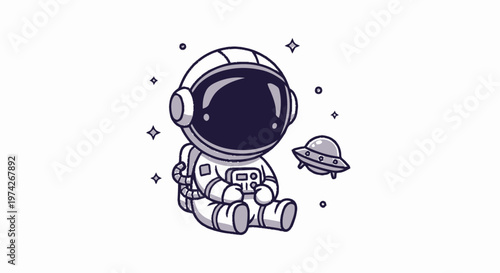Cute Cartoon Astronaut Sitting and Playing with Spaceship in Space.