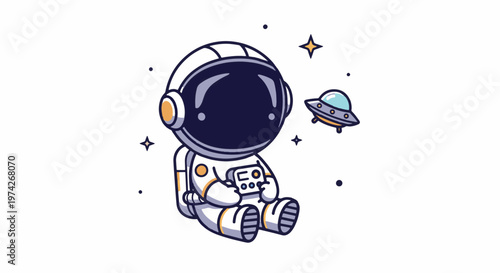 Cute Cartoon Astronaut Sitting and Playing with a UFO in Space.