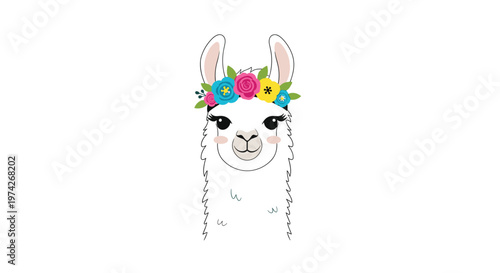 Elegant white llama face is adorned with a vibrant crown of colorful roses and flowers, featuring long eyelashes and rosy cheeks.