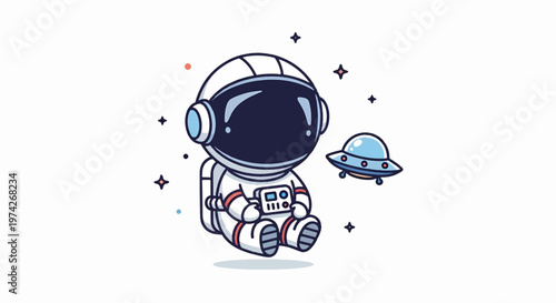 Cute Cartoon Astronaut Sitting Beside a Small Flying Saucer.