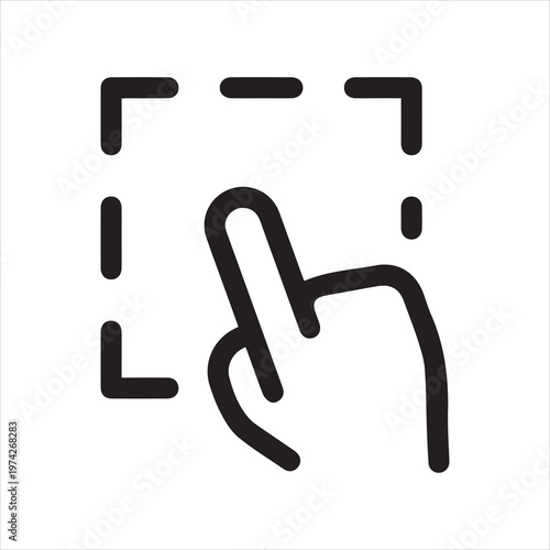 Dashed square with hand, linear icon. Manual selection and interactive choice. Line with editable stroke.