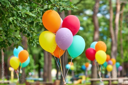 Festive Colorful Balloons for Outdoor Party Celebration and Summer Event Decoration in a Park Setting