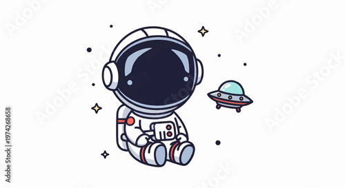 Cute Cartoon Astronaut Sitting in Space with a UFO.