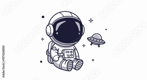 Cute Cartoon Astronaut Sitting in Space with a UFO Illustration.