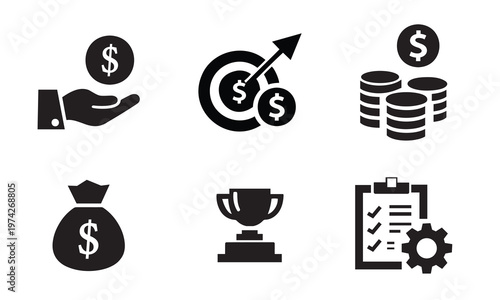 Financial growth and success icons money targets and achievements