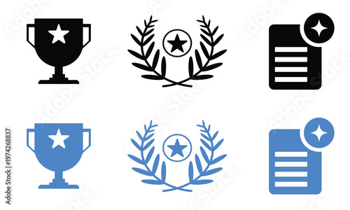 Award icons set trophies laurels and ranking badges in two colors