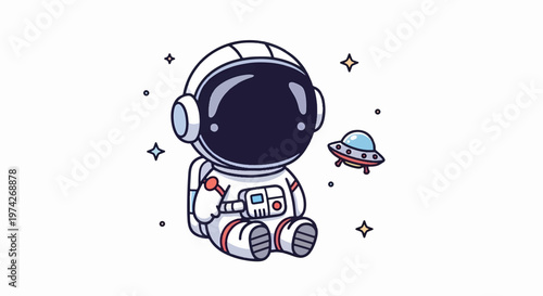 Cute Cartoon Astronaut Sitting in Space with a UFO.