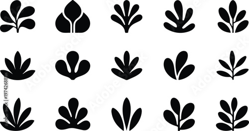 Clean vector botanical pattern of sixteen stylized leaf icons with varied shapes in structured monochrome grid layout