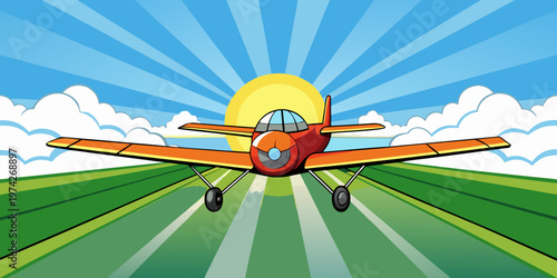 Front view of a small private propeller airplane flying in the clouds, backlit with sunbeams in the background. Aerial view of a plain with green cultivated fields among the white clouds.