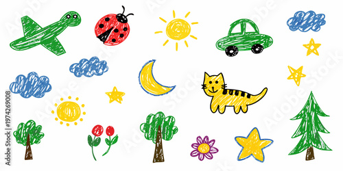 Child s drawing featuring diverse objects and a feline silhouette