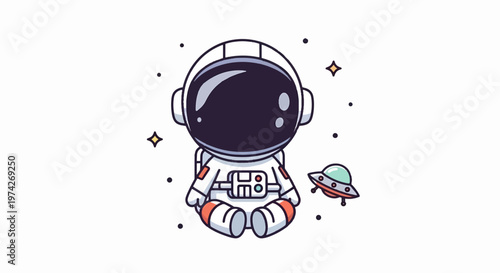 Cute Cartoon Astronaut Sitting in Space with a UFO.