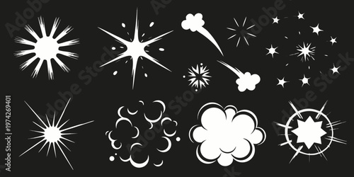 Collection of white explosion starbursts and smoke puffs a striking silhouette