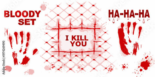 Bloody handprints and text on a diamond patterned background silhouette