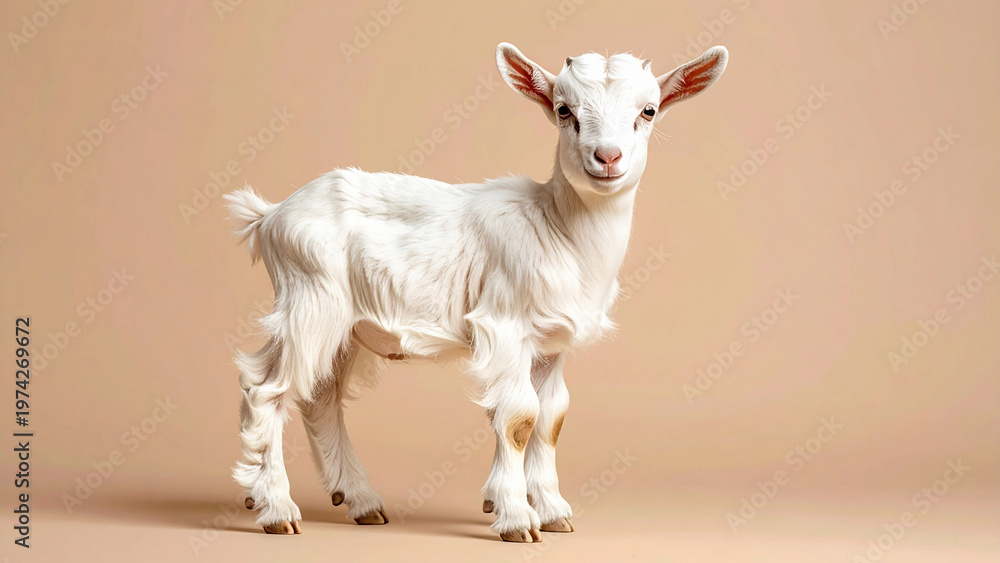 Fototapeta premium Baby Goat Standing Still on Clean Background, Cute Farm Animal AI Generated Image High Resolution Photo