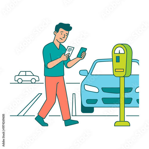 Man checks phone near parking meter and blue car on street