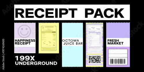 Colorful receipt pack design with text and playful imagery silhouette