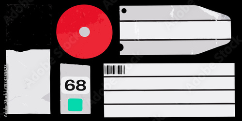 Abstract arrangement of fragmented shapes and a red disc silhouette