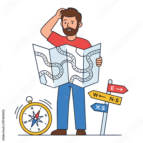 Man looking confused with map and compass outdoors