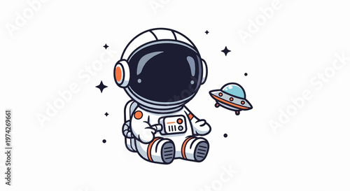 Cute Cartoon Astronaut Sitting With Spaceship in Outer Space.