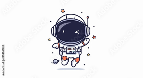 Cute Cartoon Astronaut Waving Hello in Outer Space.