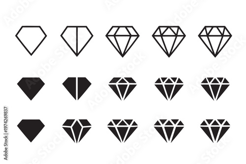 Minimalist diamond icon set, 15 geometric gemstone vector elements, black linear and solid jewelry symbols, luxury crystal branding graphics