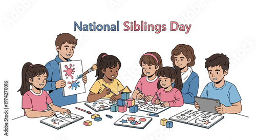 Celebrating National Siblings Day with vector illustrations, a group of children are depicted drawing, stacking blocks, and using a tablet at a table against a clean background
