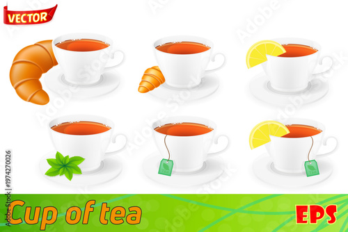 porcelain cup of tea with lemon and mint set icons vector illustration