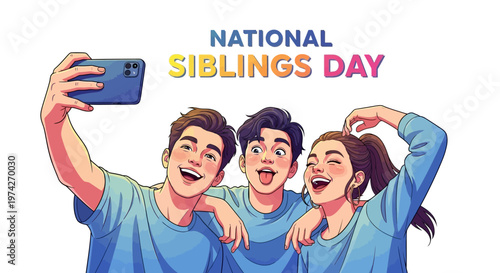A cheerful brother and sister are taking a selfie together with a smartphone on National Siblings Day with bright colors, expressing their sibling love and connection against a clean white