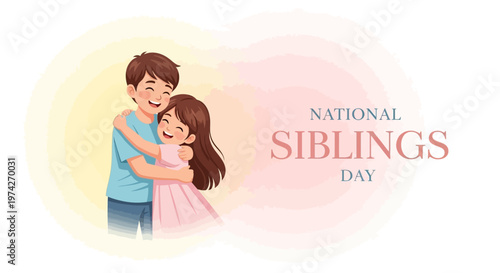 A loving brother and sister are depicted embracing in a cheerful vector illustration celebrating National Siblings Day, set against a soft, pastel background conveying warmth and familial