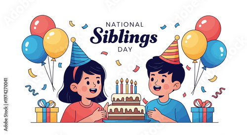 A cheerful vector illustration celebrates National Siblings Day, depicting a brother and sister with party hats next to a cake with candles, set against a festive background with balloons