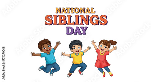 A colorful vector illustration celebrates national siblings day, depicting three joyful children jumping with arms outstretched against a clean white backdrop, conveying a happy