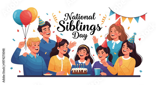 A festive vector illustration celebrates National Siblings Day with seven smiling siblings wearing party hats around a birthday cake with balloons and colorful bunting against a white