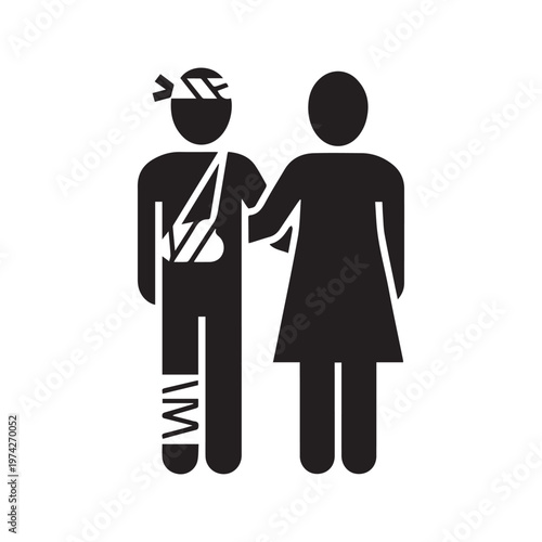 Silhouette icon of an injured patient with bandages and arm sling being supported by a caregiver
