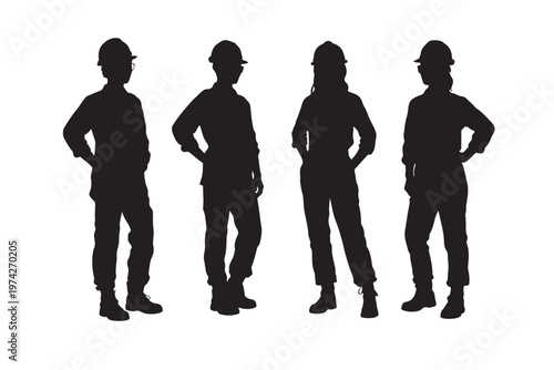 Industrial construction worker silhouettes, group of four professional engineers in hard hats, black vector figures of female and male builders