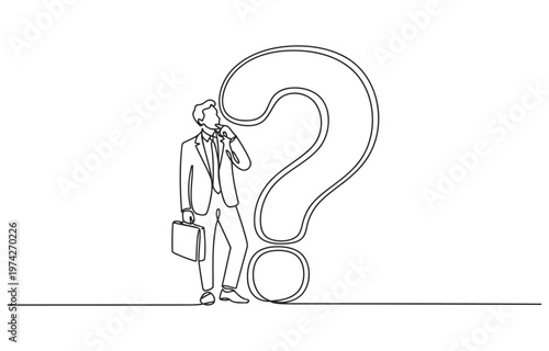 Businessman in suit contemplating a giant question mark with line art white background career path business decision businessman thinking confusion business decision strategy challenge