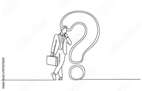 Businessman in suit contemplating a giant question mark with line art white background career path business decision businessman thinking confusion business decision strategy challenge