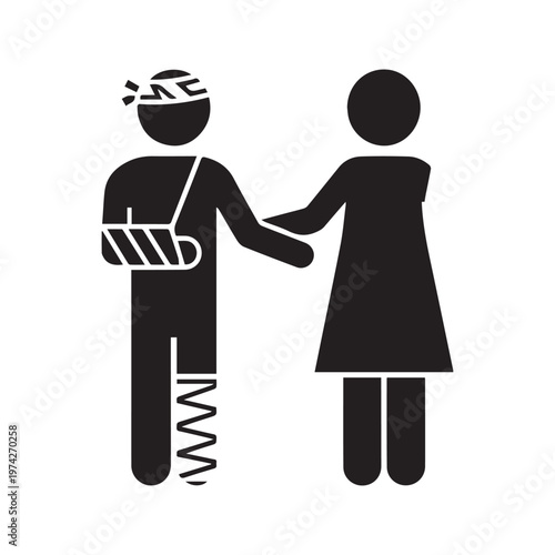Silhouette icon of an injured patient with bandages and arm sling being supported by a caregiver
