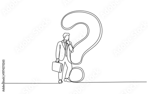 Businessman in suit contemplating a giant question mark with line art white background career path business decision businessman thinking confusion business decision strategy challenge
