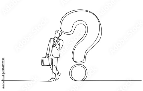 Businessman in suit contemplating a giant question mark with line art white background career path business decision businessman thinking confusion business decision strategy challenge