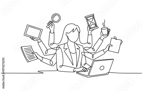 Multitasking woman with many arms holding office supplies and devices magnifying glass line art multitasking juggling illustration business management efficiency productivity computer