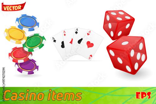 casino items cards ace and chips dice cartoon icons vector illustration